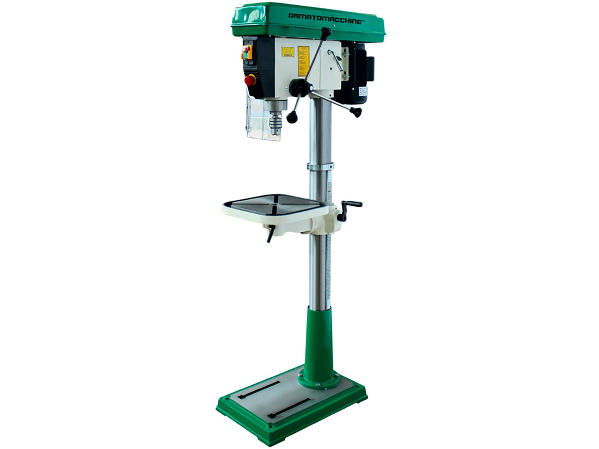 Drill press with belt drive, tilting table, 750W single-phase motor and  speed rotation from a minimum of 150 to a maximum of 2700 rpm