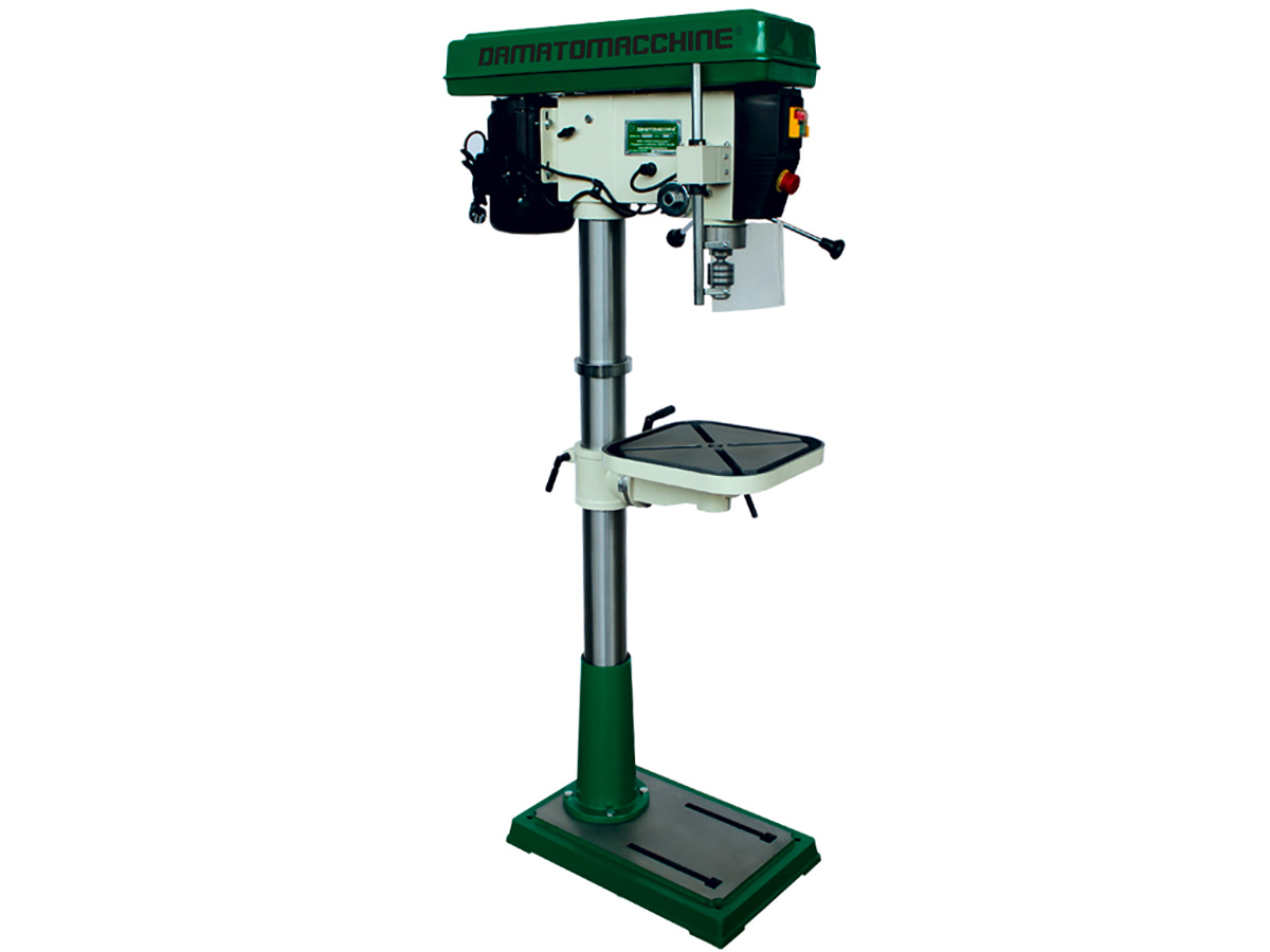 Drill press with belt drive, tilting table, 1100 W single-phase motor and  speed rotation from a minimum of 150 to a maximum of 2700 rpm