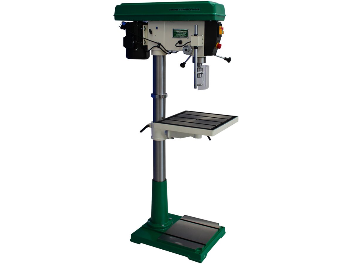 Professional drill press with belt drive, tilting table, 1100 W single-phase motor and rotation speed selectable from a minimum of 150 to a maximum of 3200 rpm
