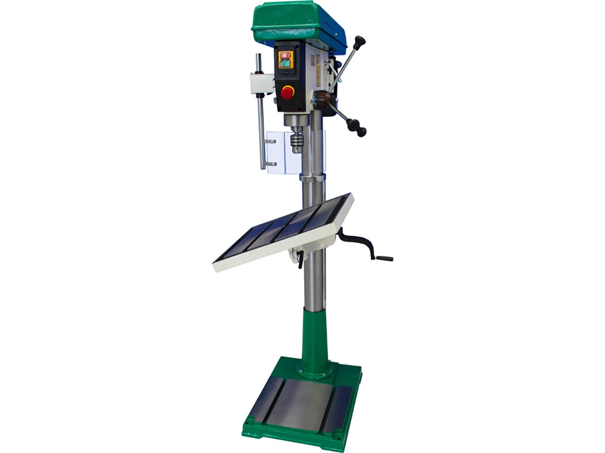 Professional drill press with belt drive, tilting table, 1100 W single-phase motor and rotation speed selectable from a minimum of 150 to a maximum of 3200 rpm
